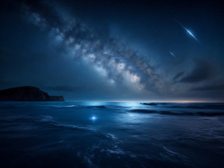 Tranquil Night Seascape with Sparkling Waters and Reflective Moon, Ai Generativeの素材