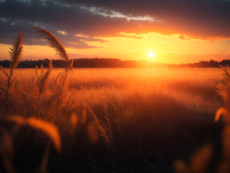 A Breathtaking Sunset in the Field at Dusk, Ai Generativeの素材