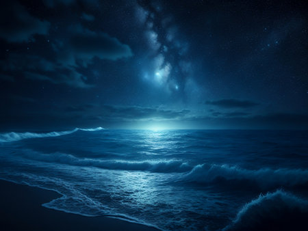 Tranquil Night Seascape with Sparkling Waters and Reflective Moon, Ai Generativeの素材