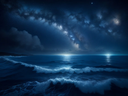 Tranquil Night Seascape with Sparkling Waters and Reflective Moon, Ai Generativeの素材