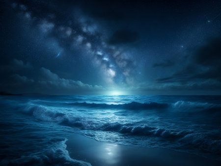 Tranquil Night Seascape with Sparkling Waters and Reflective Moon, Ai Generativeの素材