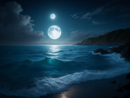 Tranquil Night Seascape with Sparkling Waters and Reflective Moon, Ai Generativeの素材