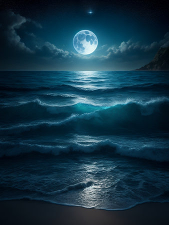 Tranquil Night Seascape with Sparkling Waters and Reflective Moon, Ai Generativeの素材