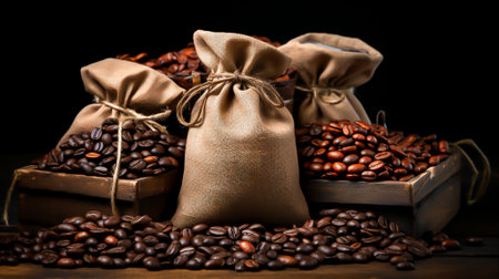 Coffee bag wrapped in coffee beans, Generative Aiの素材