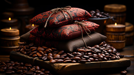 Coffee bag wrapped in coffee beans, Generative Aiの素材