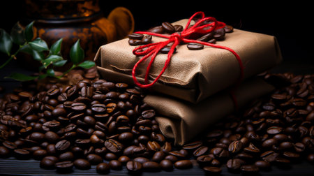 Coffee bag wrapped in coffee beans, Generative Aiの素材