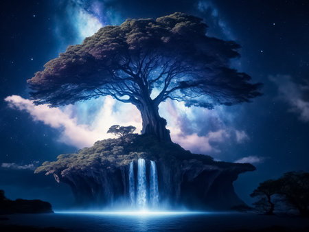 Galaxy Sky Over Enormous Tree: A Cosmic Landscape, Generative Aiの素材