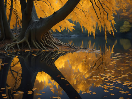 Nature Beauty in November Vibrant Autumn Trees in a Serene Woodland, Generative Aiの素材