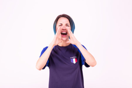 Portrait of a young supporter of the French football teamの写真素材