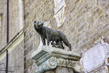 Statue of the Capitoline she-wolf, suckling Romulus and Remus, Rome, Lazio, Italyの写真素材