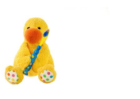 Toy duck and child's toothbrushの写真素材