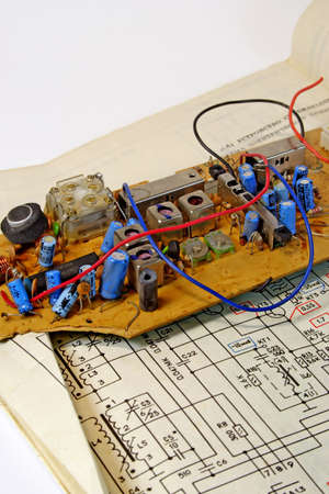 The electrocircuit and the details of a radio receiver prepared for repair .の写真素材