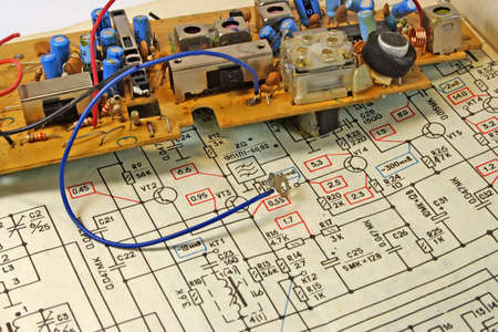 The electrocircuit and the details of a radio receiver prepared for repair .の写真素材
