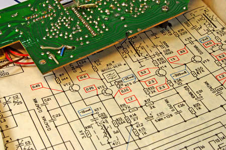 The electrocircuit and the details of a radio receiver prepared for repair .の写真素材