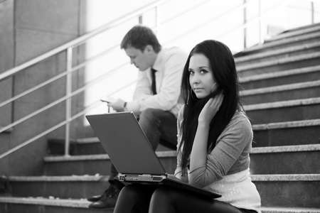 Young students on the stepsの写真素材
