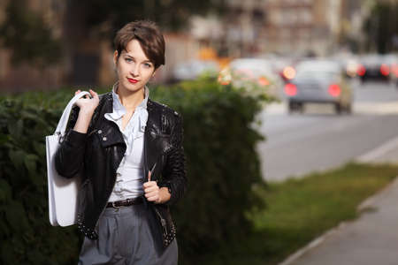 Young woman in leather jacketの写真素材