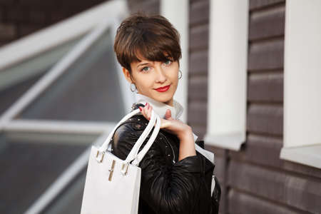 Young woman in leather jacketの写真素材