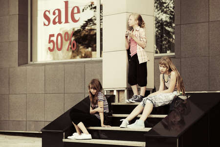 Group of school girls on the stepsの写真素材