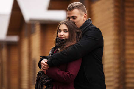 Happy young fashion couple In love walking outdoorの写真素材