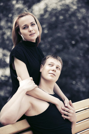 Happy young couple in love outdoorの写真素材