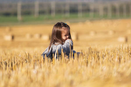 Happy 2 year old girl walking in a summer harvested fieldの写真素材
