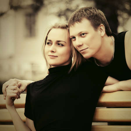 Happy young couple in love outdoor の写真素材