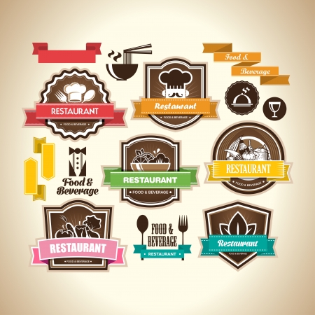 Collection of vintage retro grunge food, beverage and restaurant labels, badges and icons のイラスト素材