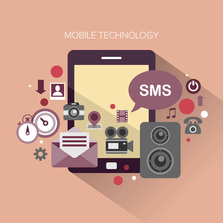 Flat design stylish vector illustration megaphone with cloud of colourful application icons on mobile theme  Mobile technology concept  Isolated on stylish pink background のイラスト素材