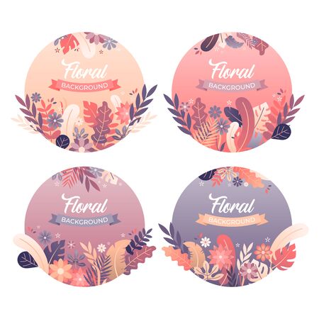 floral background with leaves and flowers in trendy flat style and bright vibrant gradient colors with copy space for textのイラスト素材
