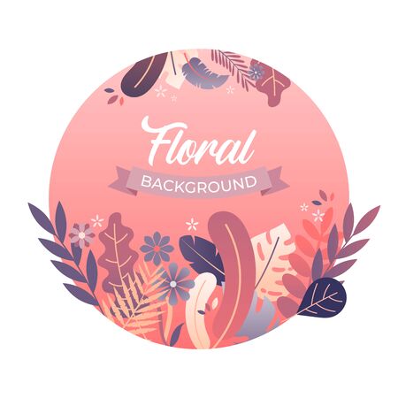 floral with leaves and flowers in trendy flat style and bright vibrant gradient colors with copy spaceのイラスト素材