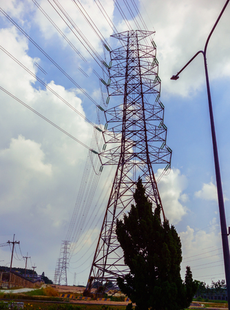 hight voltage tower with cable lineのeditorial素材
