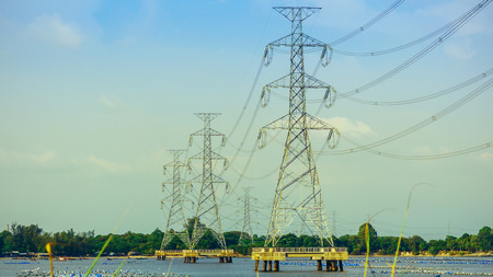 hight voltage tower with cable lineのeditorial素材