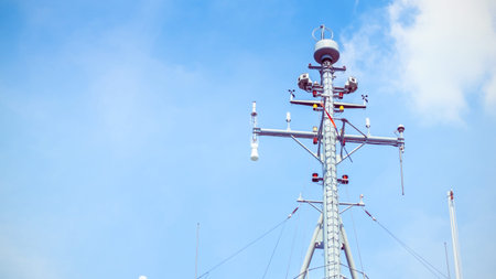 Transmitting antenna tower on the frigate.