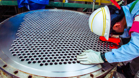 engineer during inspection tube inside after clean of equipment in chemiacal plantのeditorial素材