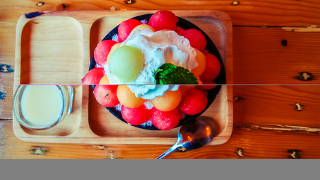 bing su malon fruit desert with milk and sweet creamの写真素材