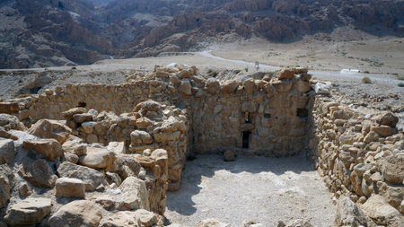 Ruins  Fortress Masada in Israel  Sand desert                          