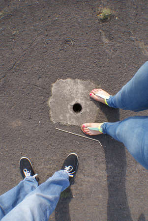 Female and male shoes view from the top.の写真素材