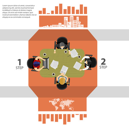 Team of three office workers gathered at one table holding a discussionのイラスト素材