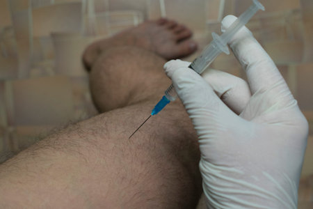 Injection of a syringe into the thigh muscle