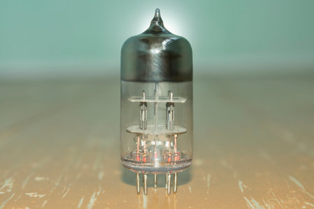 small vacuum glass electronic retro light bulb on the wooden floorの写真素材
