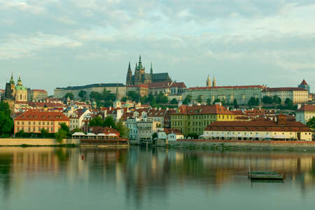 Scenic view on Vltava river and historical center of Prague,buildings and landmarks of old town, Prague, Czech Republicの写真素材