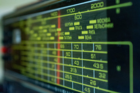 tuning scale of an analog Soviet radio receiver with Russian names of European cities, close-up