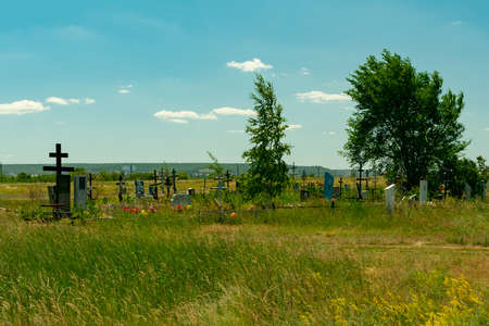 the edge of the cemetery in the field, with abandoned graves and crosses overgrown with grass and treesのeditorial素材