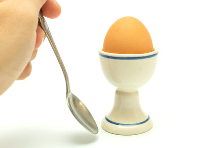 boiled chicken egg in a ceramic stand and a hand with a teaspoon nearby