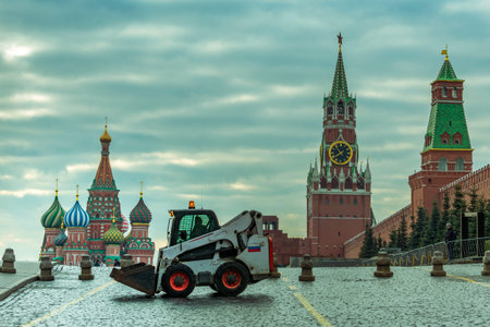 Moscow / Russia - 04.2019: view of the Red Square with the St. Basils Cathedral, Lenins Mausoleum...