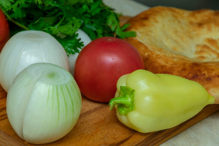 Traditional bread tortillas, pita bread, in eastern countries with vegetablesの写真素材