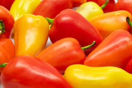 many different sweet peppers of red and yellow color close-upの写真素材