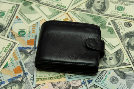 leather black wallet lies on the laid out notes of American dollarsの写真素材