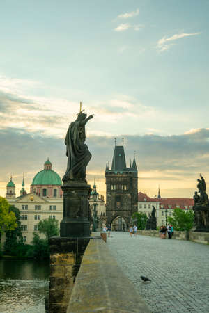 Pedestrians only Charles Bridge (aka Stone Bridge, Kamenny most, Prague Bridge, Prazhski most) over Vltava river in Prague, Czech Republic.のeditorial素材