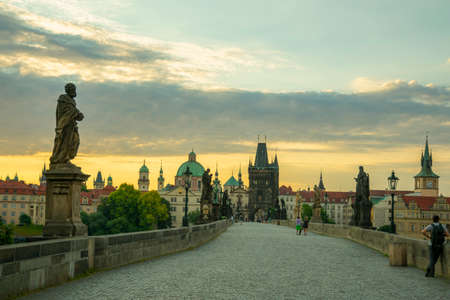 Pedestrians only Charles Bridge (aka Stone Bridge, Kamenny most, Prague Bridge, Prazhski most) over Vltava river in Prague, Czech Republic.のeditorial素材